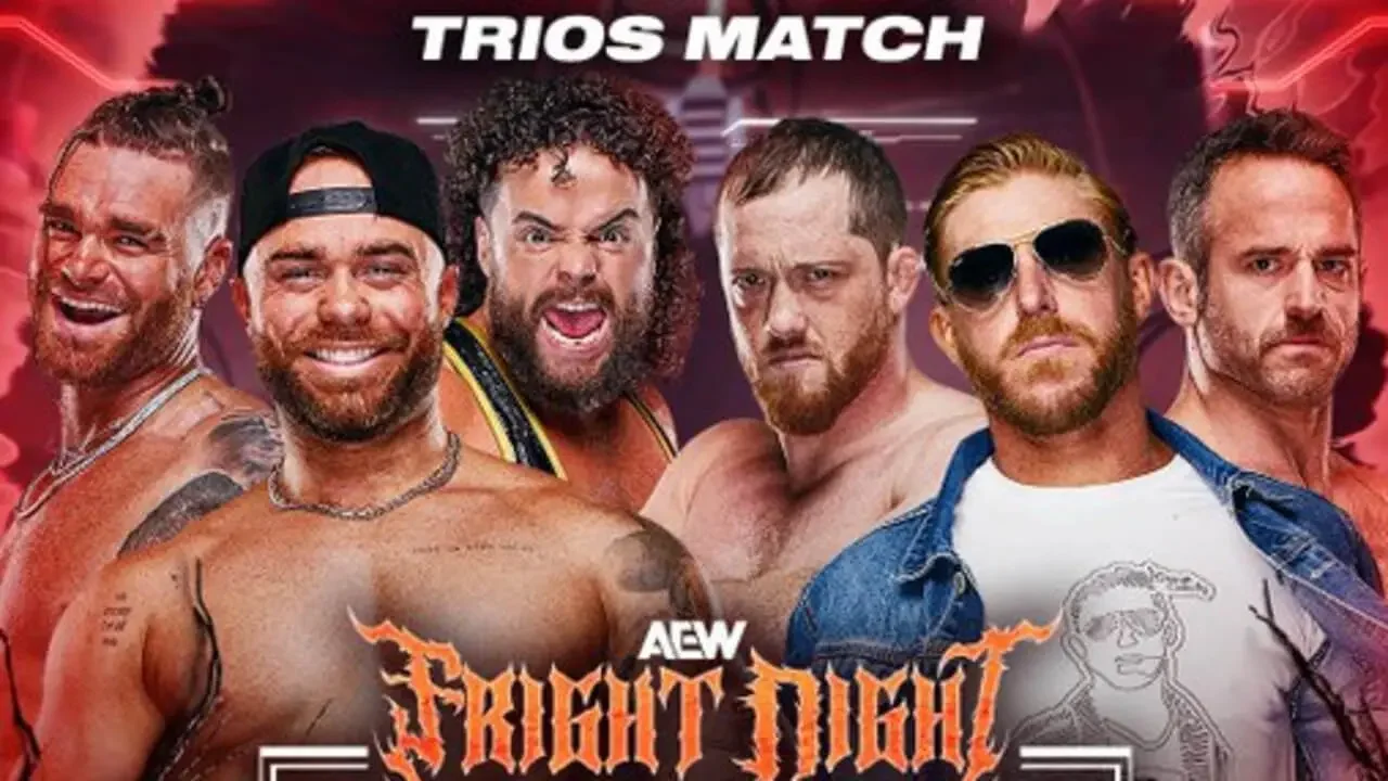 Official match graphic for AEW Fright Night Collision featuring a Trios Match between The Bang Bang Gang (Colten Gunn, Austin Gunn, and Juice Robinson) on the left and The Conglomeration (Kyle O'Reilly, Orange Cassidy, and Roderick Strong).