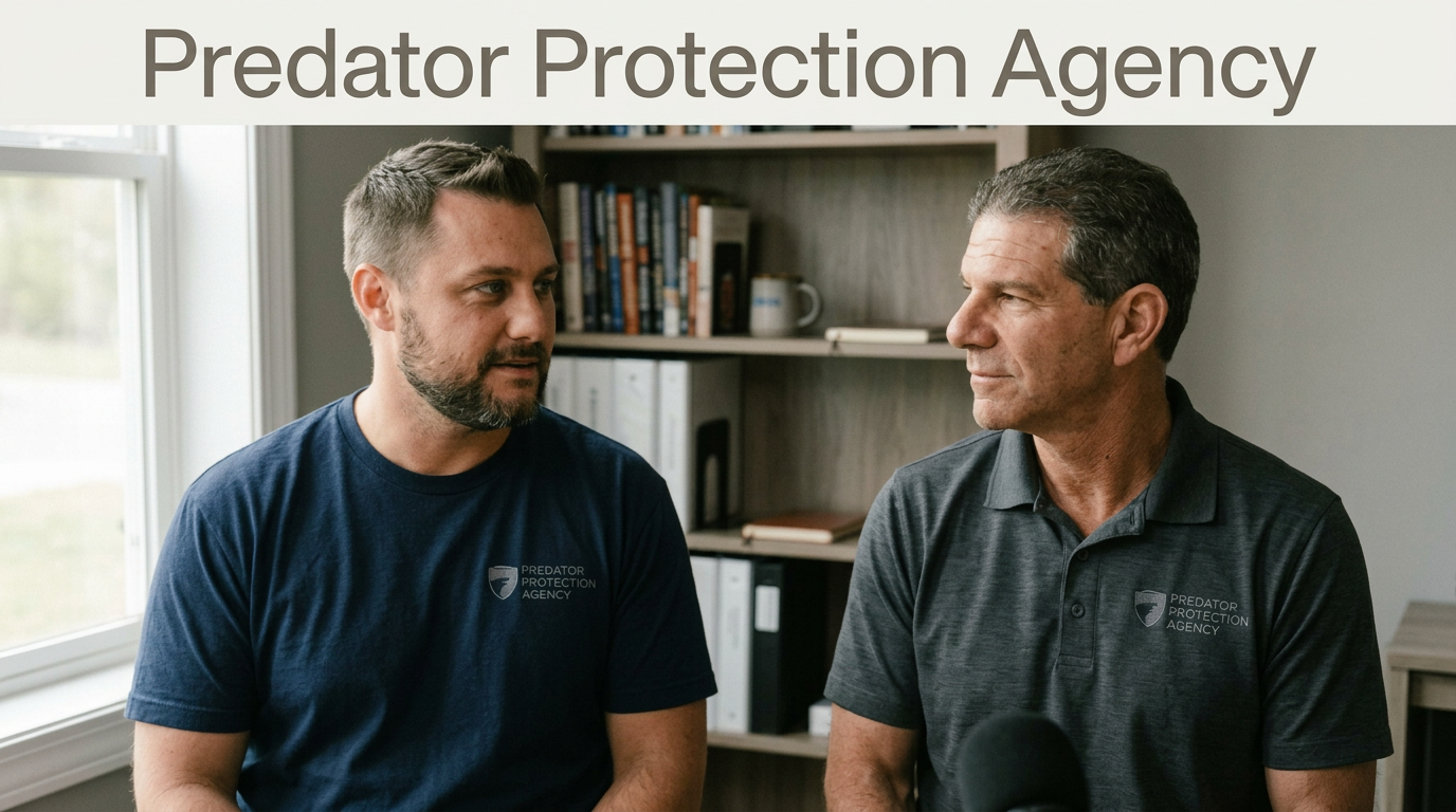 Sean Ross Sapp and Dave Meltzer staring at each other with predator Protection agency shirts on.