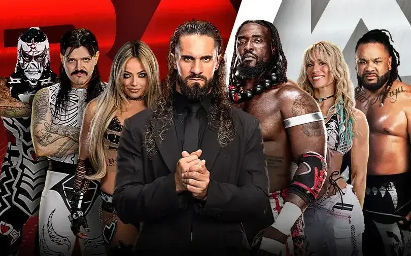 A promotional image for WWE Monday Night RAW featuring seven professional wrestlers lined up against a split red and silver background.