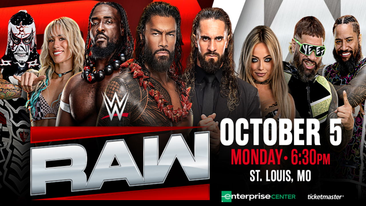 WWE promotional graphic for Monday Night Raw at the Enterprise Center in St. Louis, MO on Monday, October 5, featuring Roman Reigns, Seth Rollins, Liv Morgan, Jey Uso, Jimmy Uso, and other WWE Superstars.