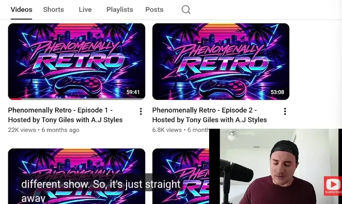 ames Romero reviewing identical YouTube thumbnails for Phenomenally Retro hosted by Tony Giles and AJ Styles