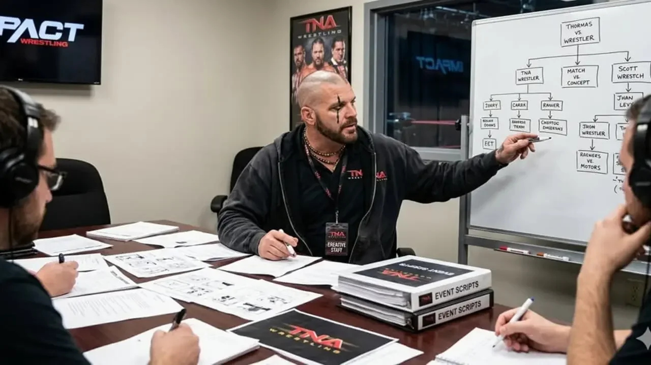 Raven in a TNA writers room leading the group and explaining to them