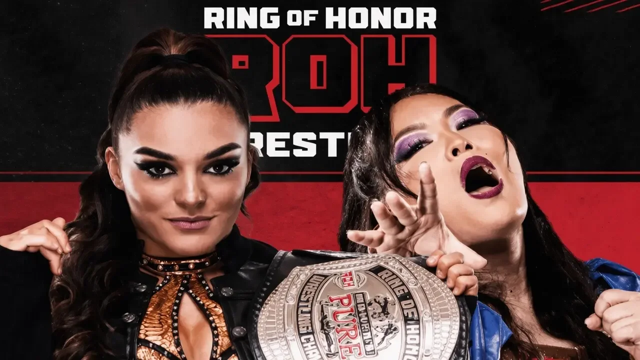 Ring of Honor promotional graphic featuring Deonna Purrazzo holding the ROH Women's World Pure Championship title belt alongside Emi Sakura for ROH on HonorClub.