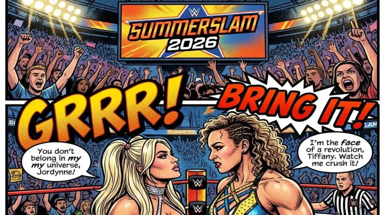 Two female wrestlers, one blonde with a ponytail and another with curly hair in a colorful ring outfit, face each other intensely in the center of the ring.