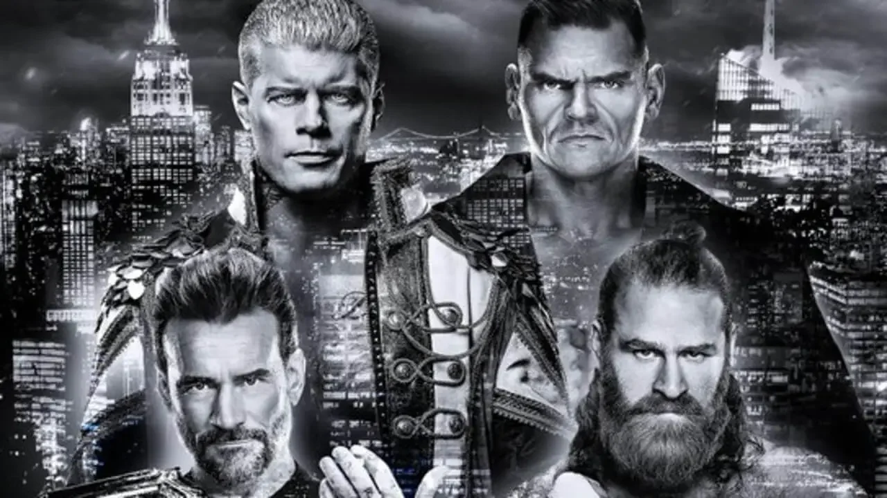 Promotional graphic for WWE Saturday Night's Main Event featuring Cody Rhodes, Gunther, CM Punk, and Sami Zayn superimposed over a New York City skyline.
