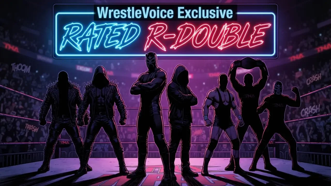 Comic book-style illustration of shadowy wrestling tag teams standing in a ring beneath a neon sign reading "WrestleVoice Exclusive: RATED R-DOUBLE."