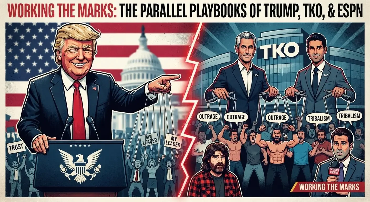 An editorial comic-style illustration split down the middle by a glowing red fracture. On the left, Donald Trump stands at a presidential podium with an American flag and the U.S. Capitol behind him.
