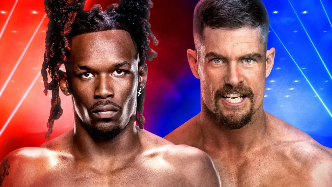 Graphic for WWE Main Event featuring Je'Von Evans (left) and Grayson Waller (right) against a red and blue background.