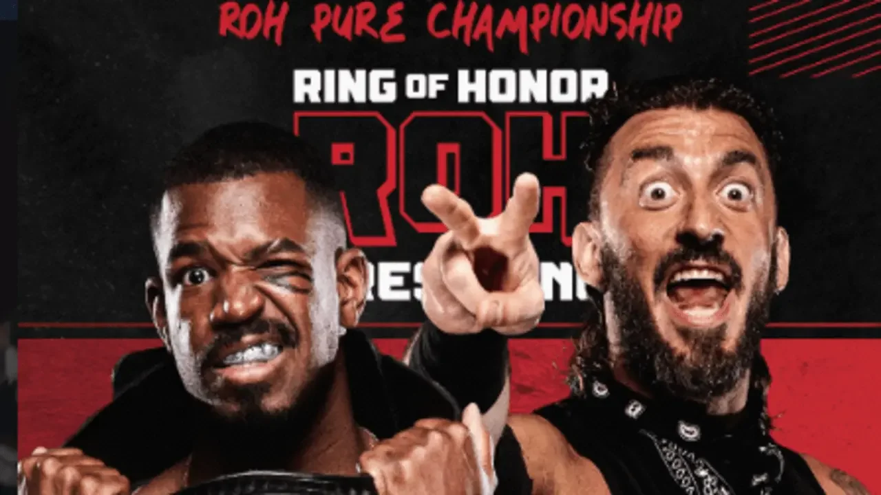 Lee Moriarty grit his teeth and holds the Ring of Honor Pure Championship belt alongside Mance Warner holding up a peace sign on an ROH promo graphic.
