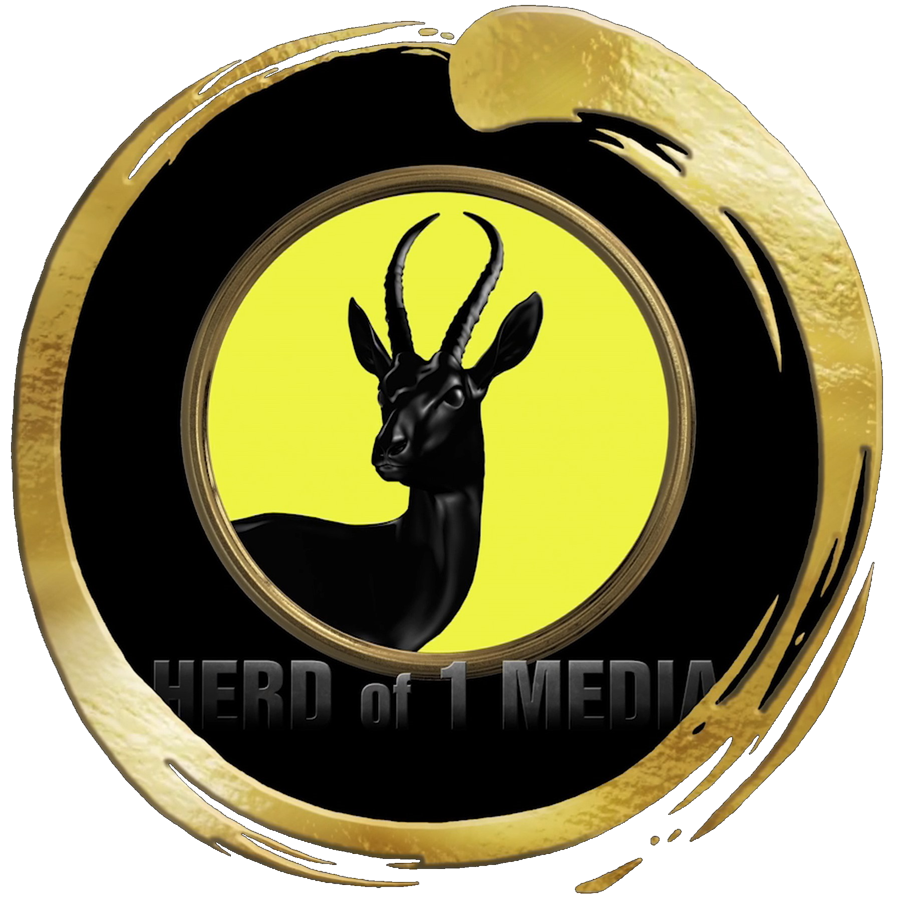 A circular graphic featuring a black antelope head with horns on a yellow background. The graphic is surrounded by a gold ring, with the text 'HERD of 1 MEDIA' partially visible at the bottom.