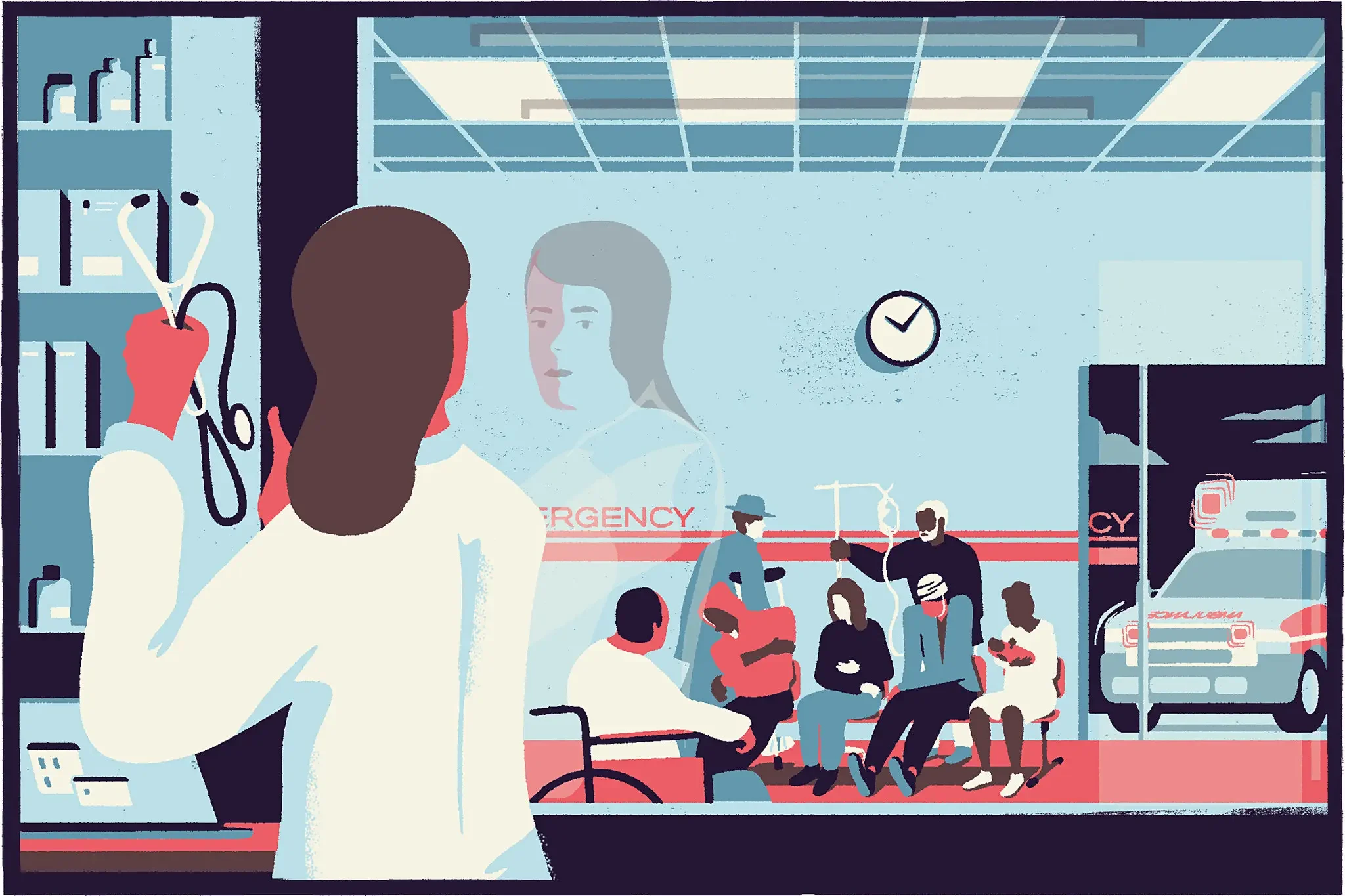 Illustration of a busy hospital emergency room with a female doctor in the foreground holding medical scissors, and a group of patients waiting and being treated in the background, including an ambulance outside.