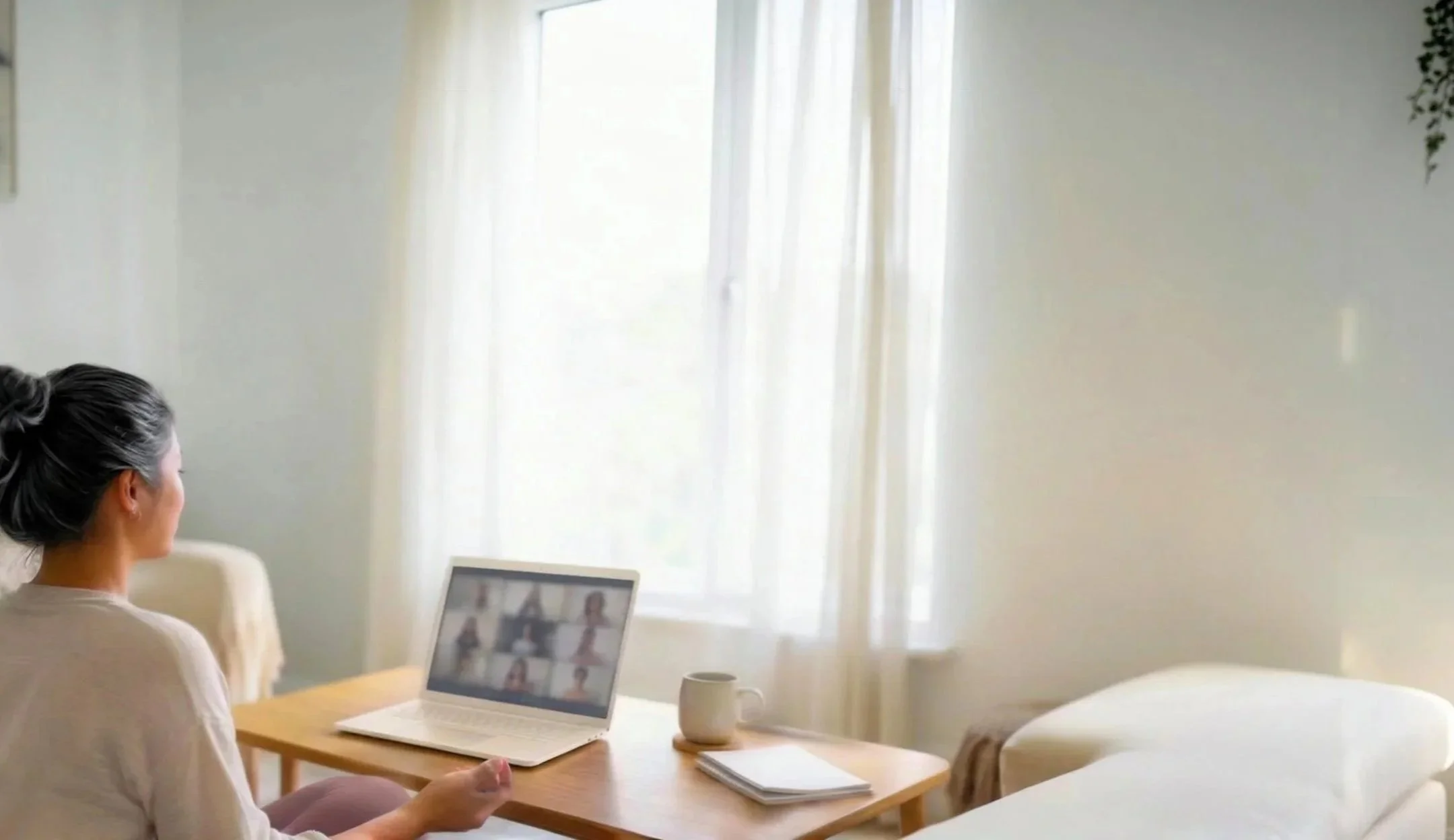 A woman with gray hair tied in a bun is sitting at a table in a bright living room, participating in a video call on her laptop.