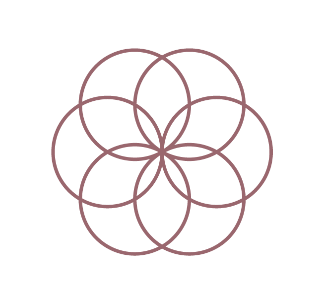 A geometric pattern of overlapping circles forming a flower-like design on a black background.