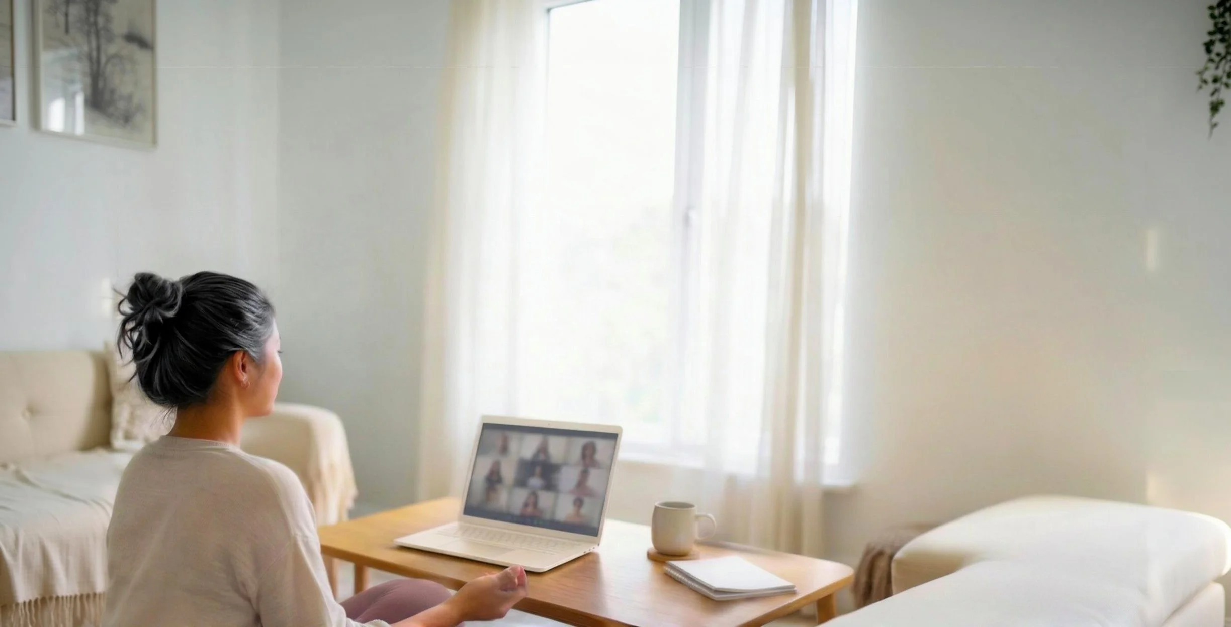 A woman with gray hair tied in a bun is sitting at a table in a bright living room, participating in a video call on her laptop.