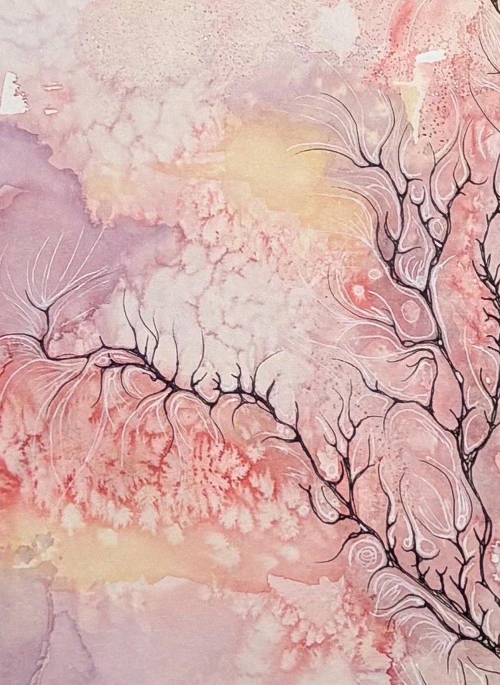Détail de l'aquarelle rose et jaune réalisée par Martine Giguère