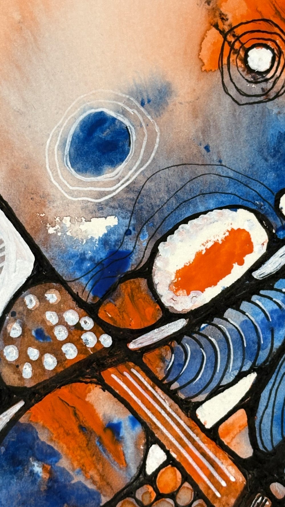 Détail de l'aquarelle aux tons de orange et bleu réalisée par Martine Giguère