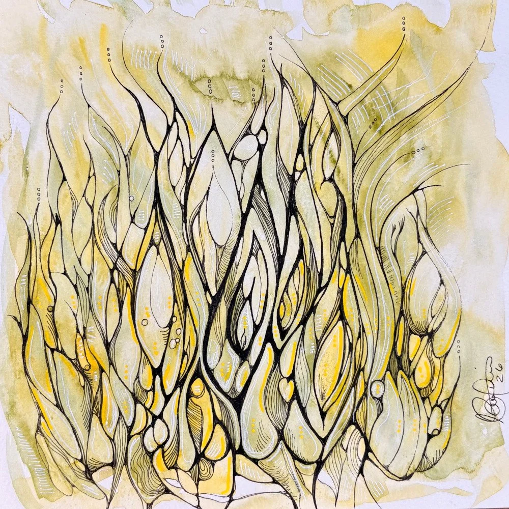 Le foin - aquarelle et encre, 8x8, 100$