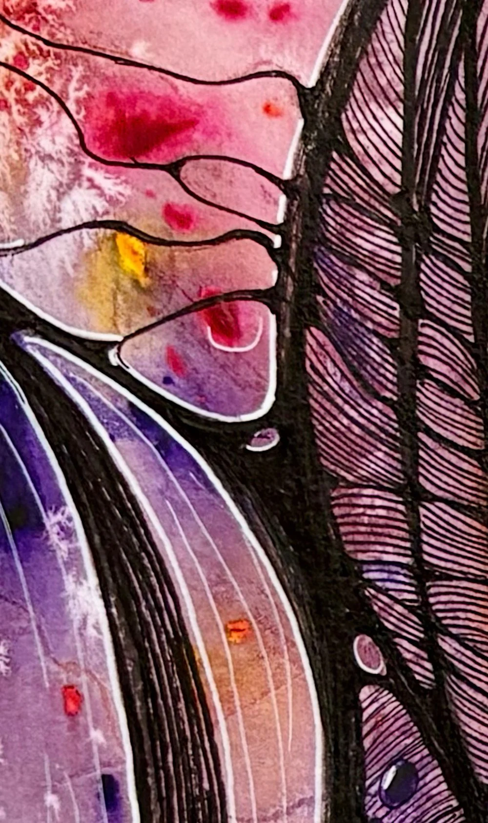 Détail de l'aquarelle violet et rose réalisée par Martine Giguère