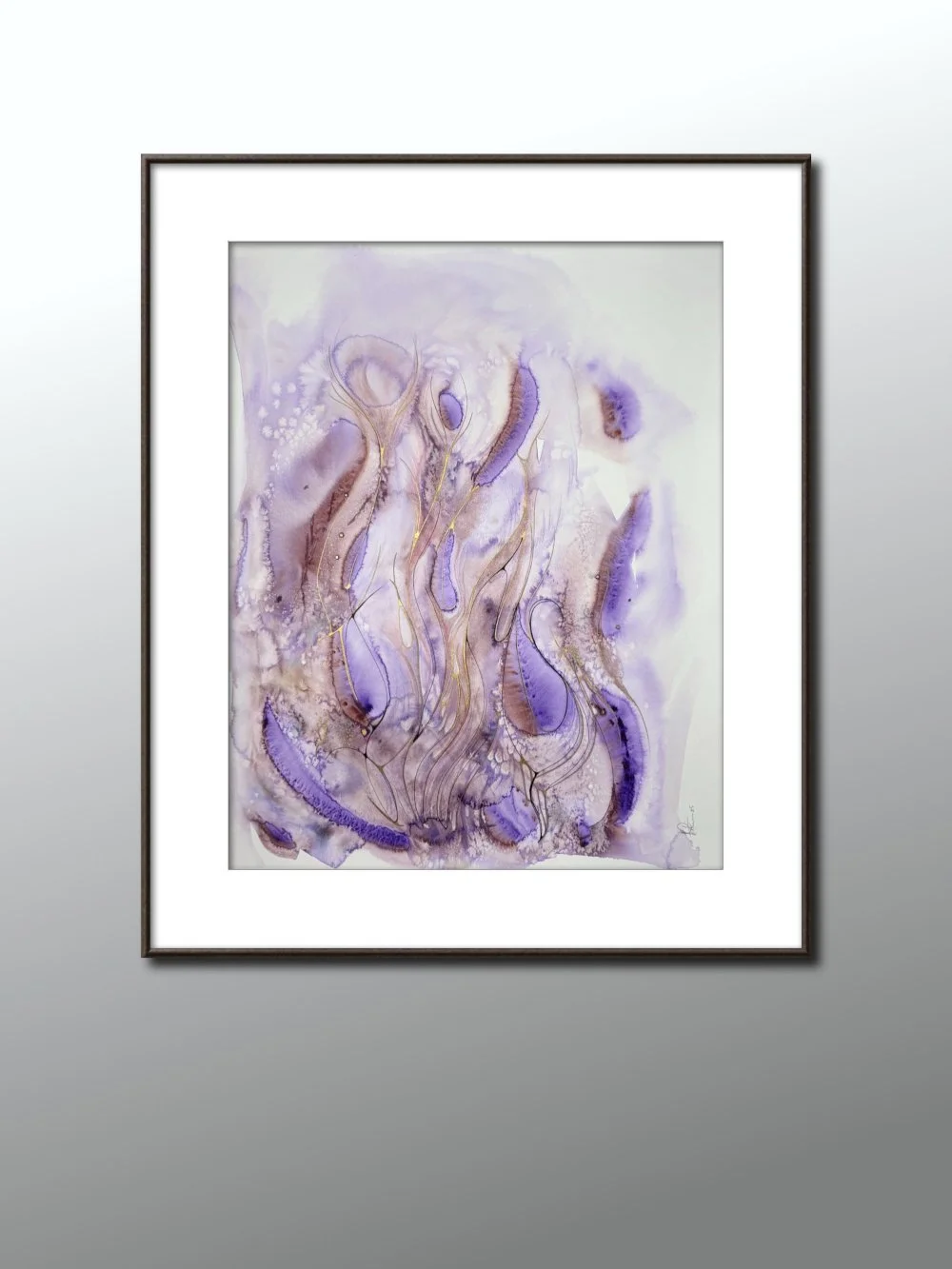 Exemple de cadre l'aquarelle violet et doré réalisée par Martine Giguère