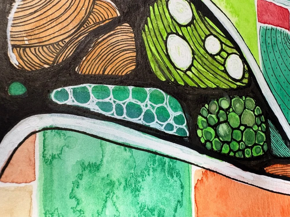 Détail de l'aquarelle aux teintes printanières réalisée par Martine Giguère