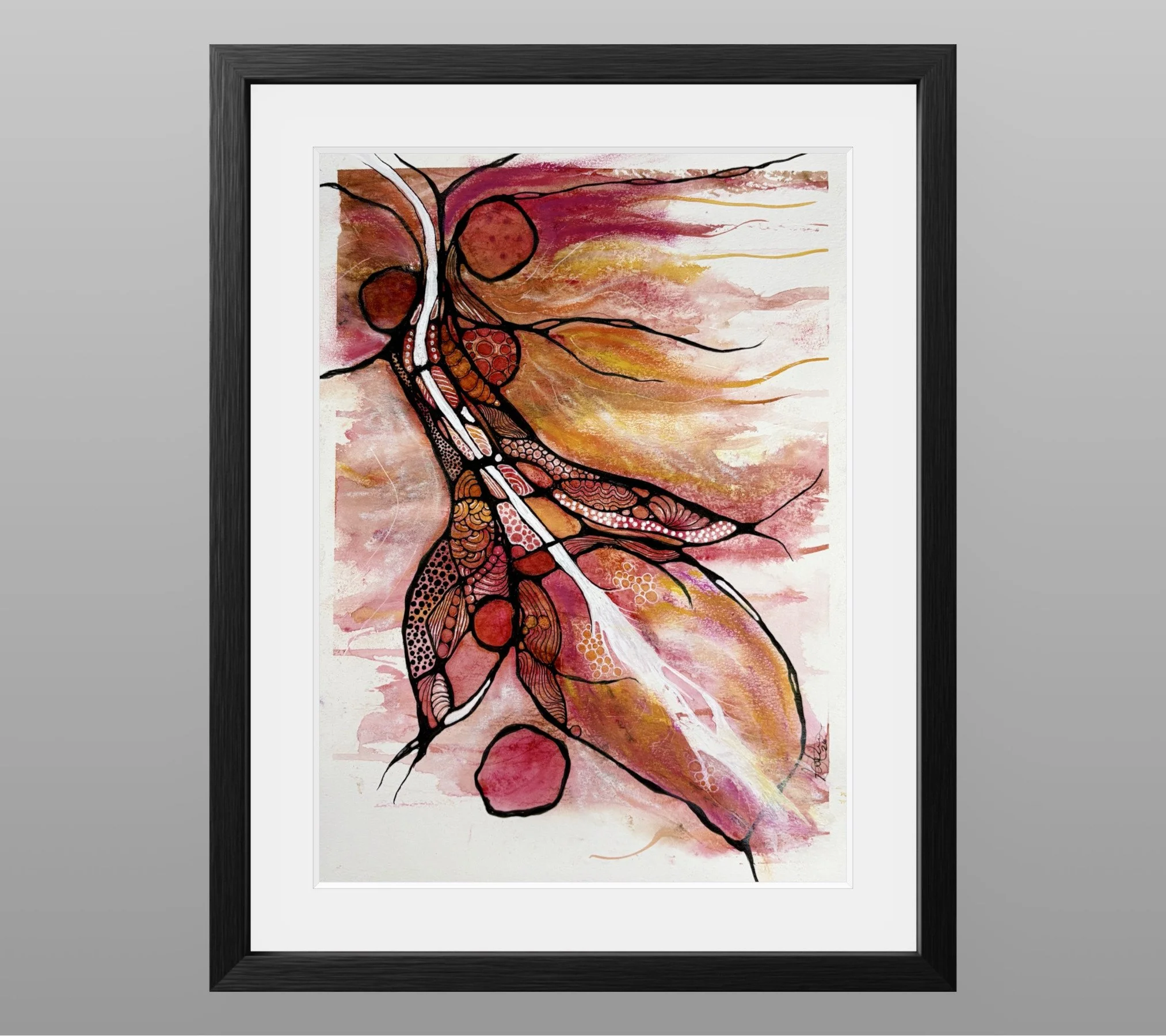Aquarelle aux teintes rouge et orange réalisée par Martine Giguère