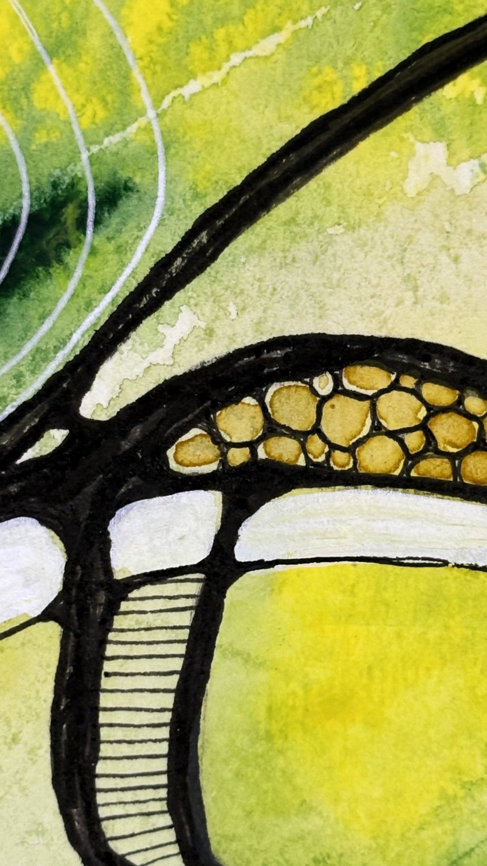 Détail de l'aquarelle aux teintes jaune et vert réalisée par Martine Giguère