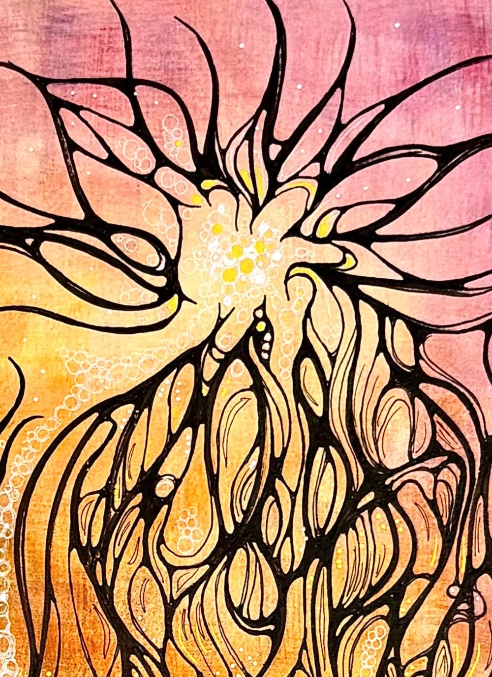 Détail de l'aquarelle aux couleurs vives réalisée par Martine Giguère