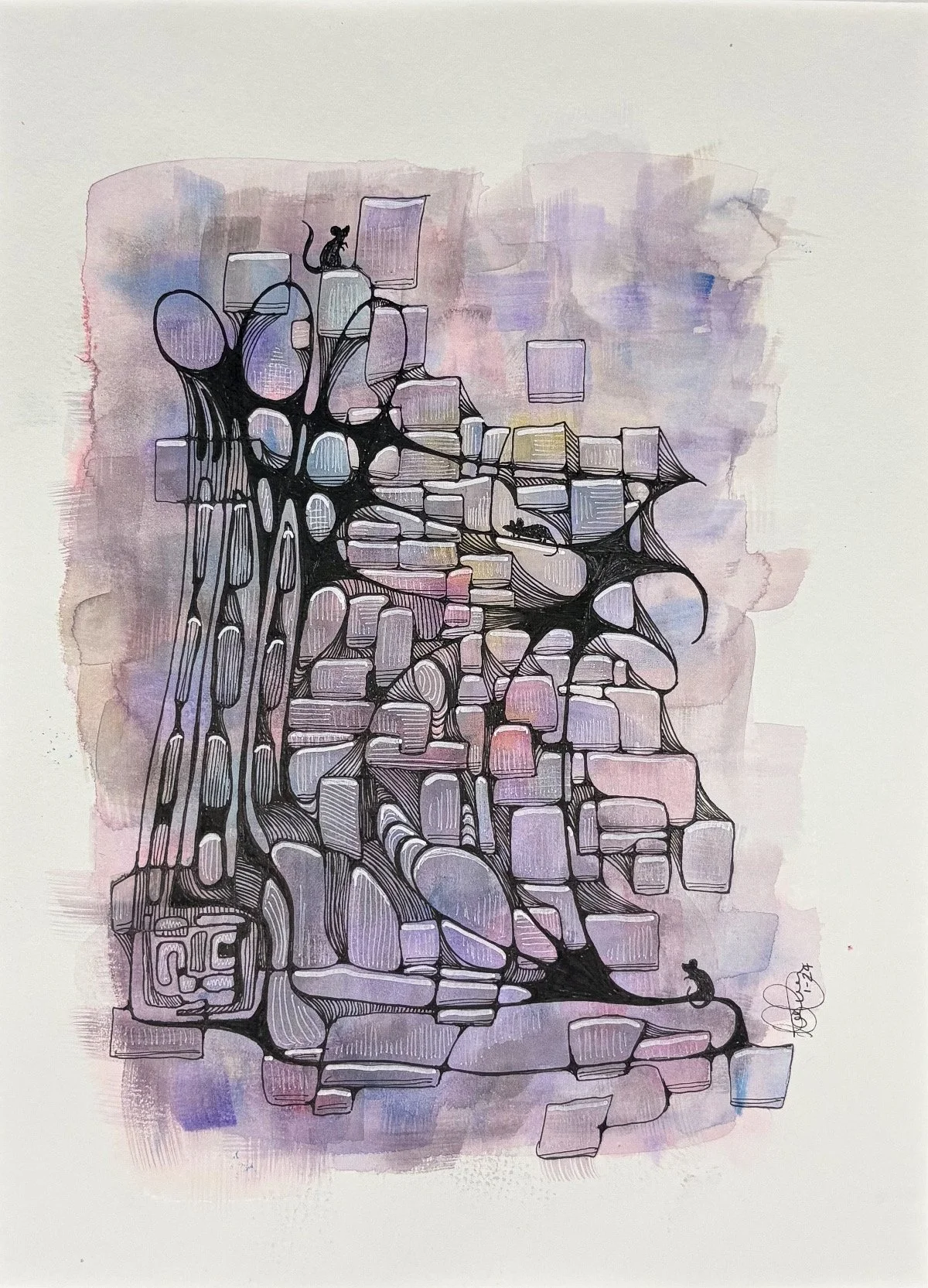 Les souris - aquarelle et encre, 9x12, 100$