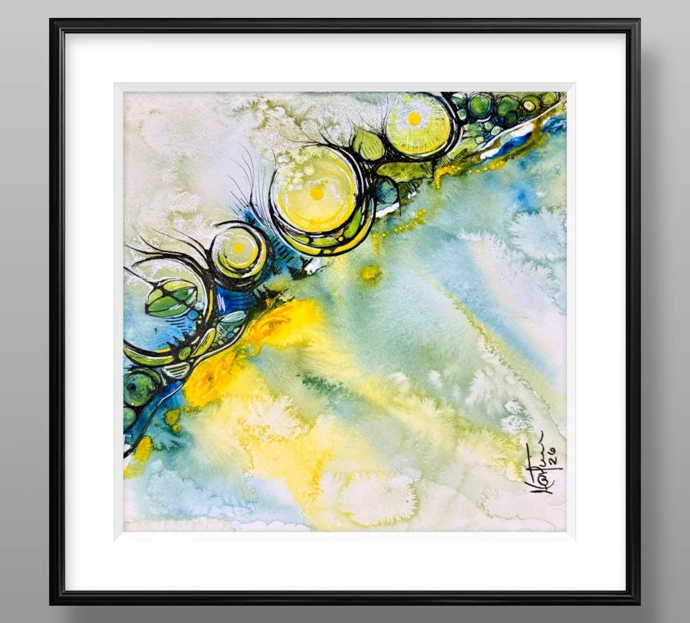 Exemple de cadre de l'aquarelle aux tons jaunes et bleus réalisée par Martine Giguère