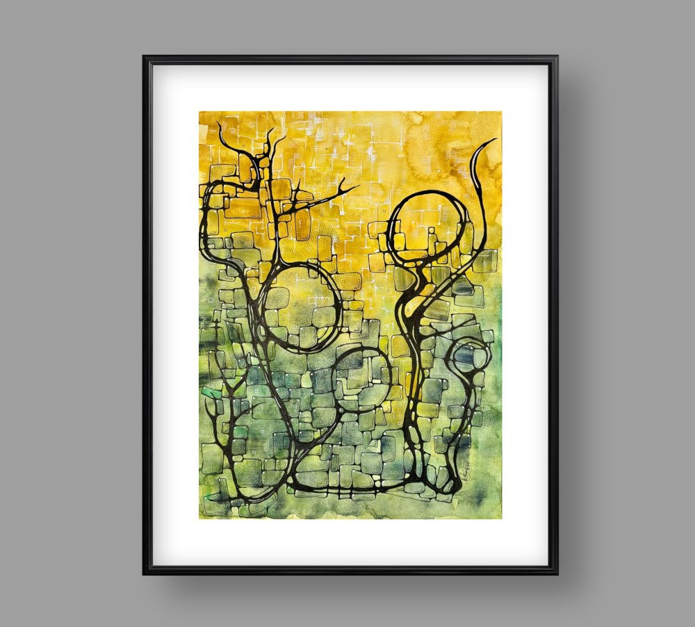 Exemple de cadre de l'aquarelle jaune et vert réalisée par Martine Giguère