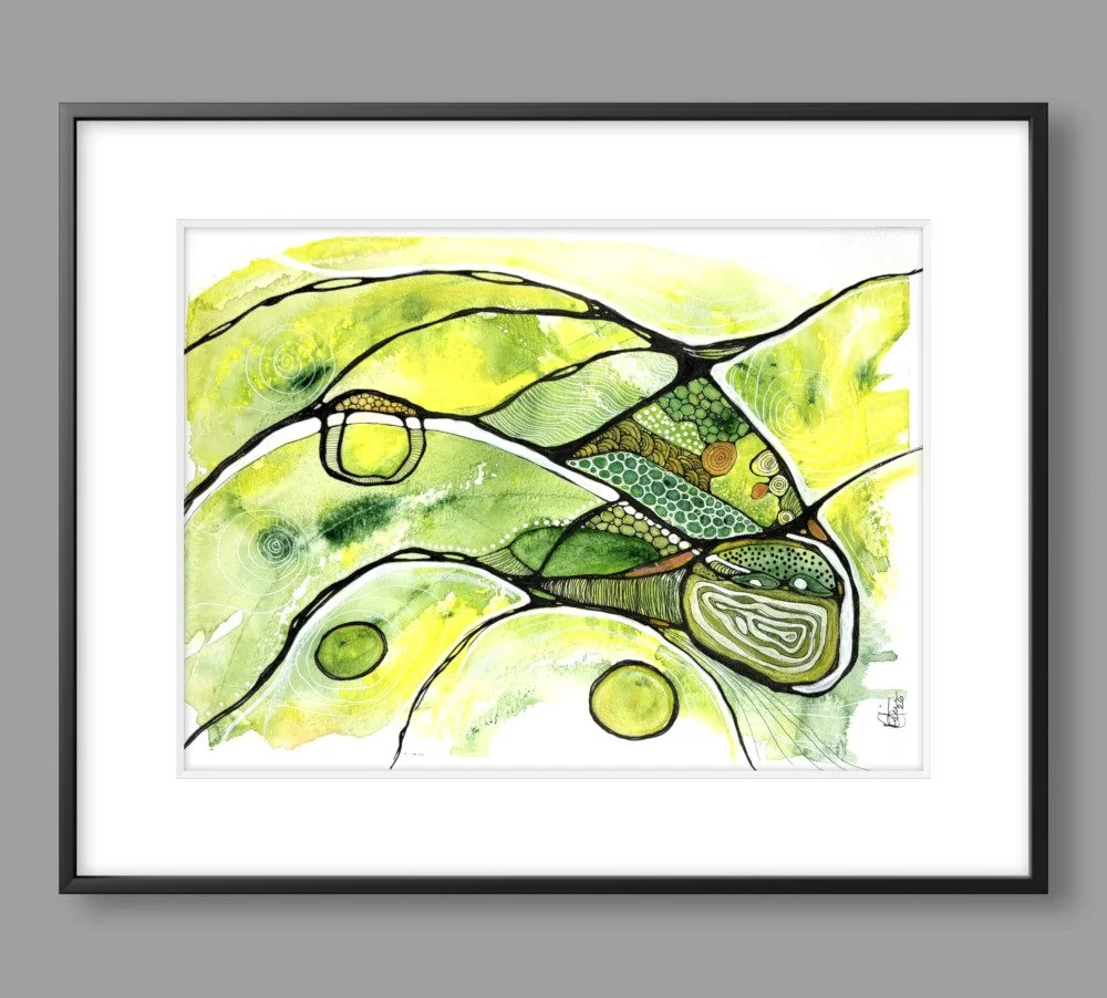 Exemple de cadre de l'aquarelle aux teintes jaune et vert réalisée par Martine Giguère