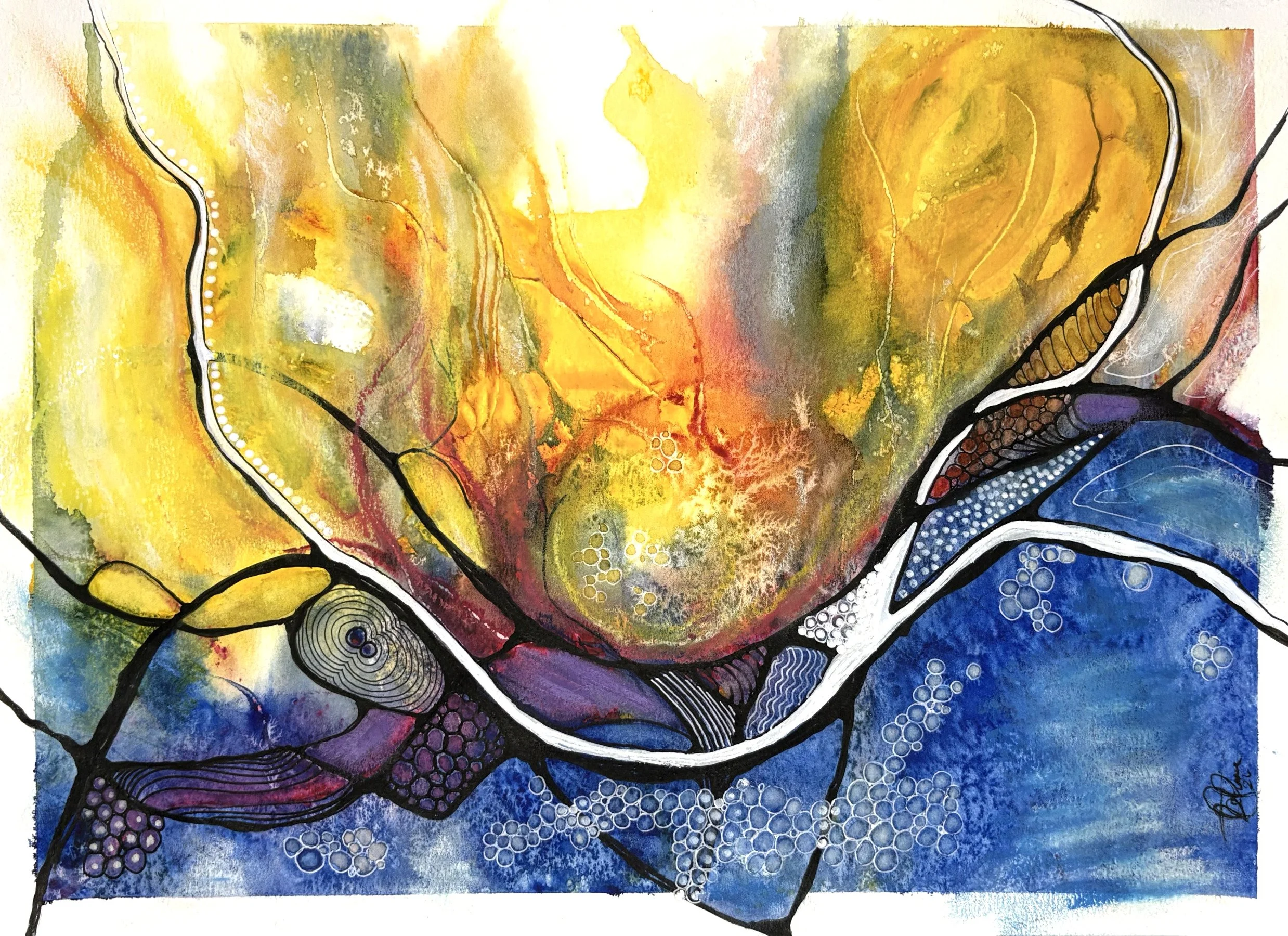 Aquarelle aux teintes jaune et bleu réalisée par Martine Giguère