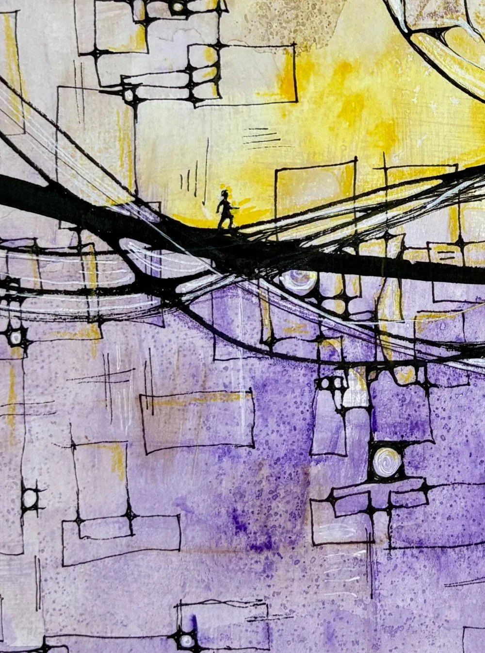 Détail de l'aquarelle jaune et violet réalisée par Martine Giguère