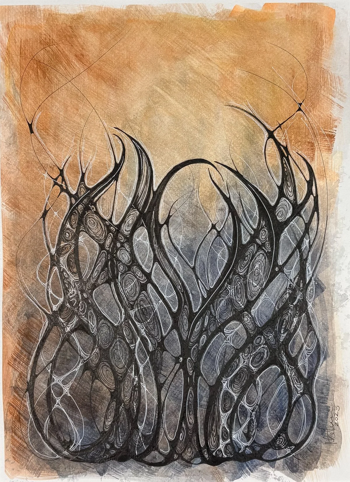 Feu nocturne - aquarelle et encre, 9x12, 100$