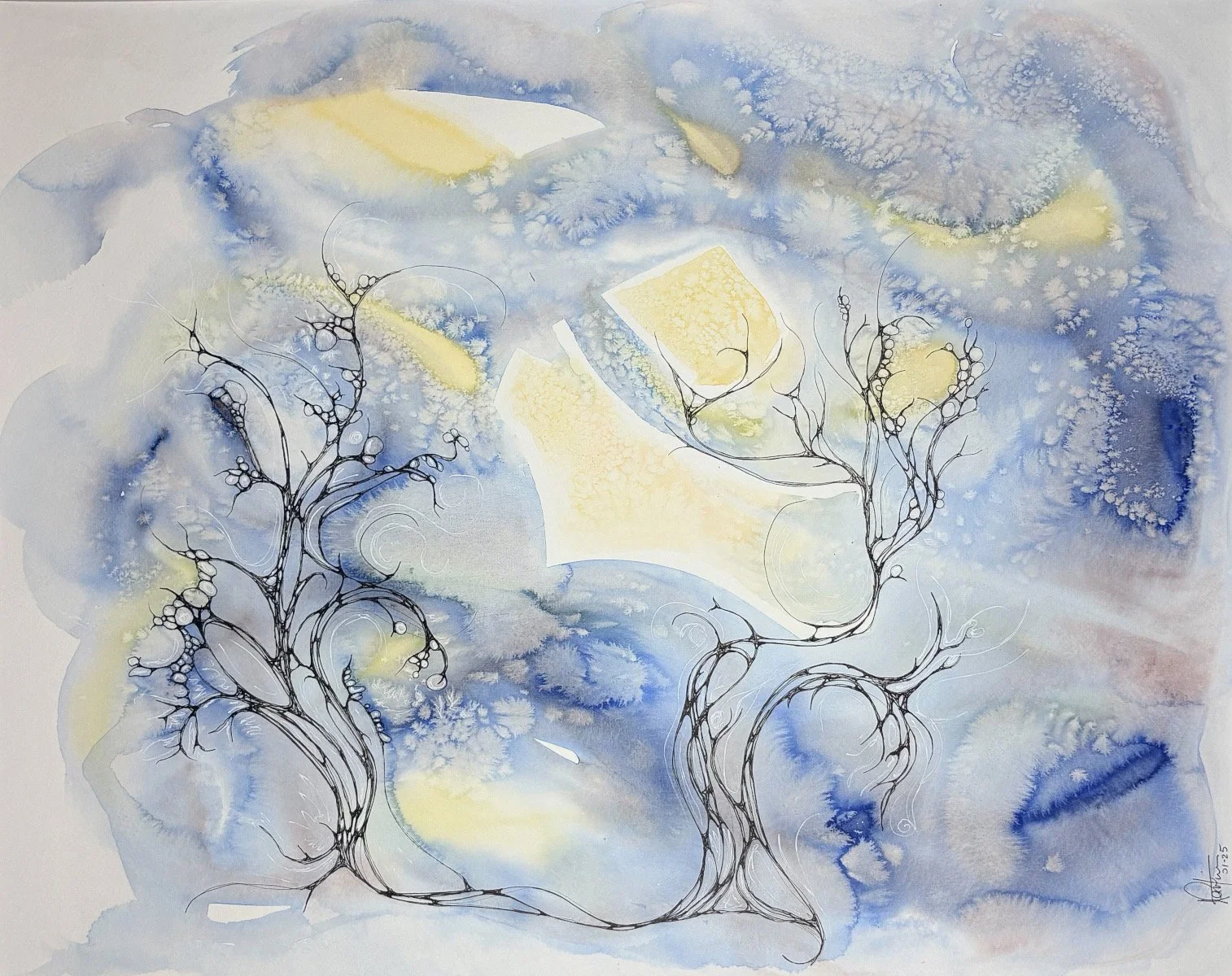 Quand l'arbre se prend pour le ciel - aquarelle et encre, 20x16, 300$