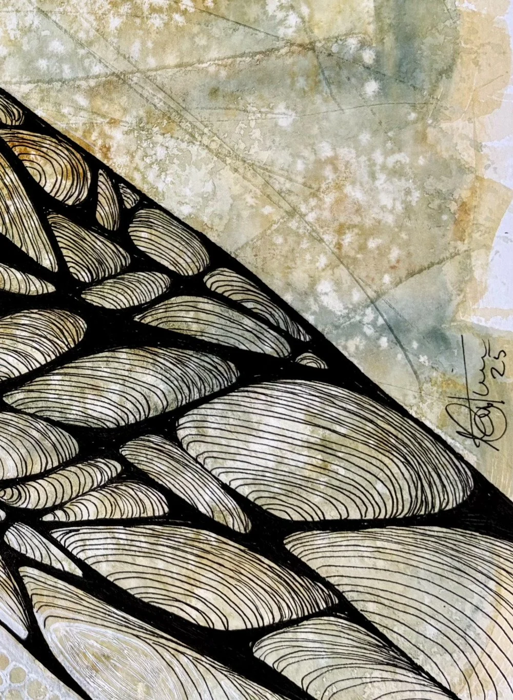 Détail de l'aquarelle jaune et noir réalisée par Martine Giguère