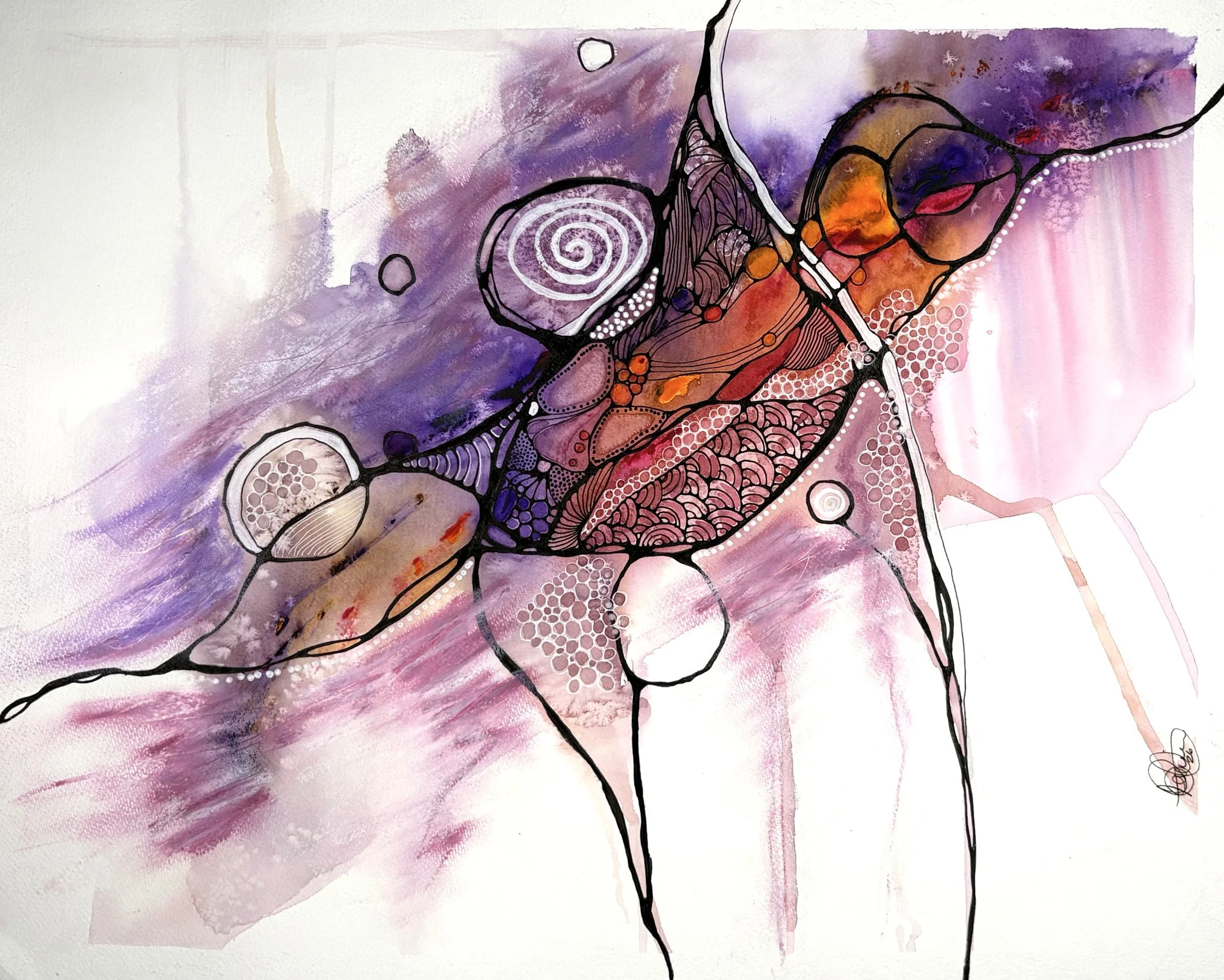 Aquarelle aux couleurs violet et rose créé par Martine Giguère