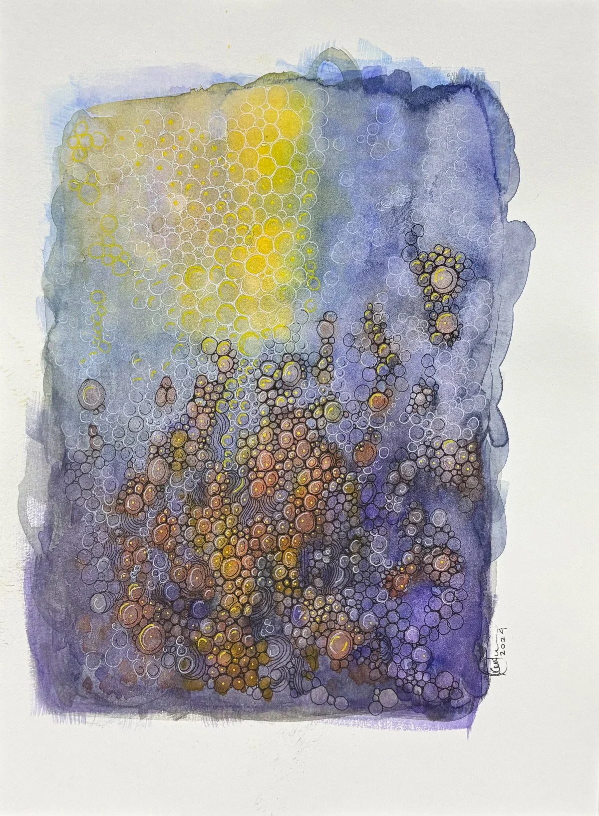 Bulles d'une nuit d'été - aquarelle et encre, 9x12, 100$