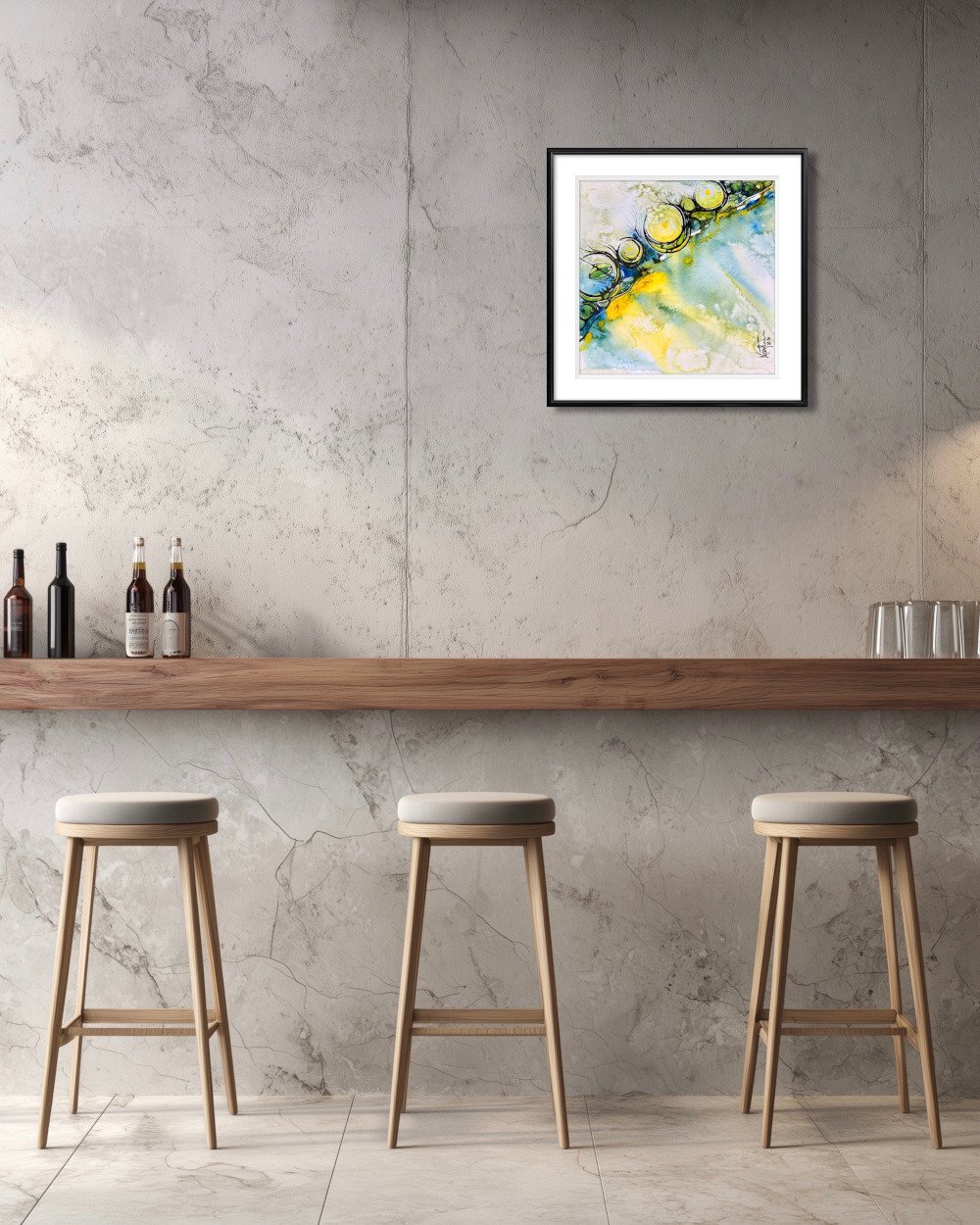 Exemple de décor de l'aquarelle aux tons jaunes et bleus réalisée par Martine Giguère