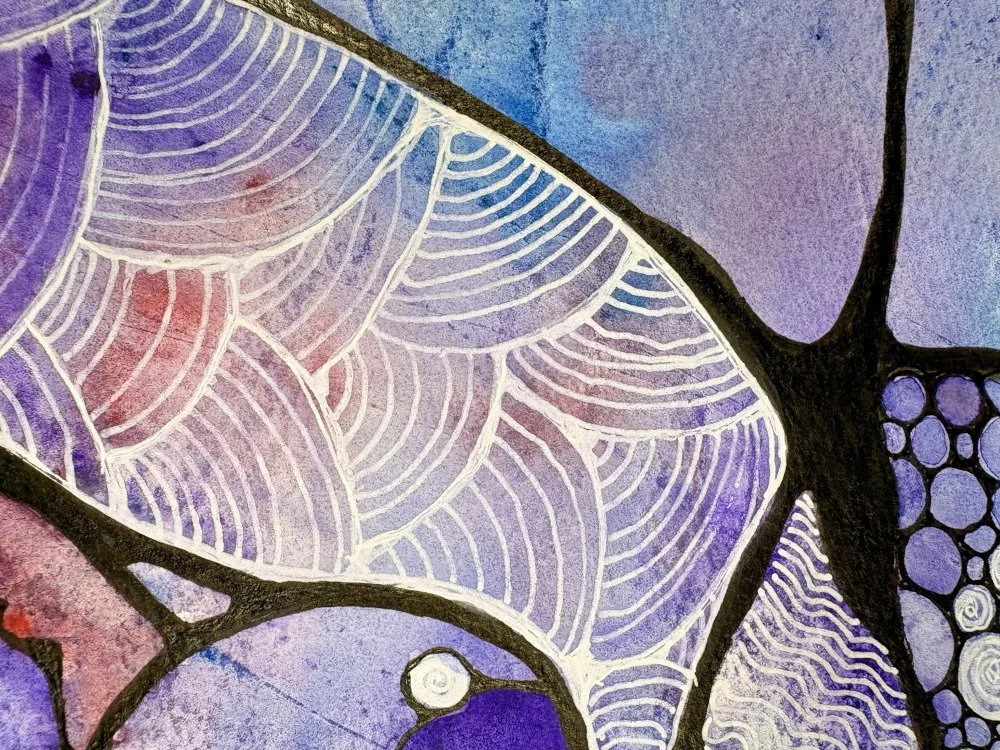 Détail de l'aquarelle aux couleurs bleues réalisée par Martine Giguère