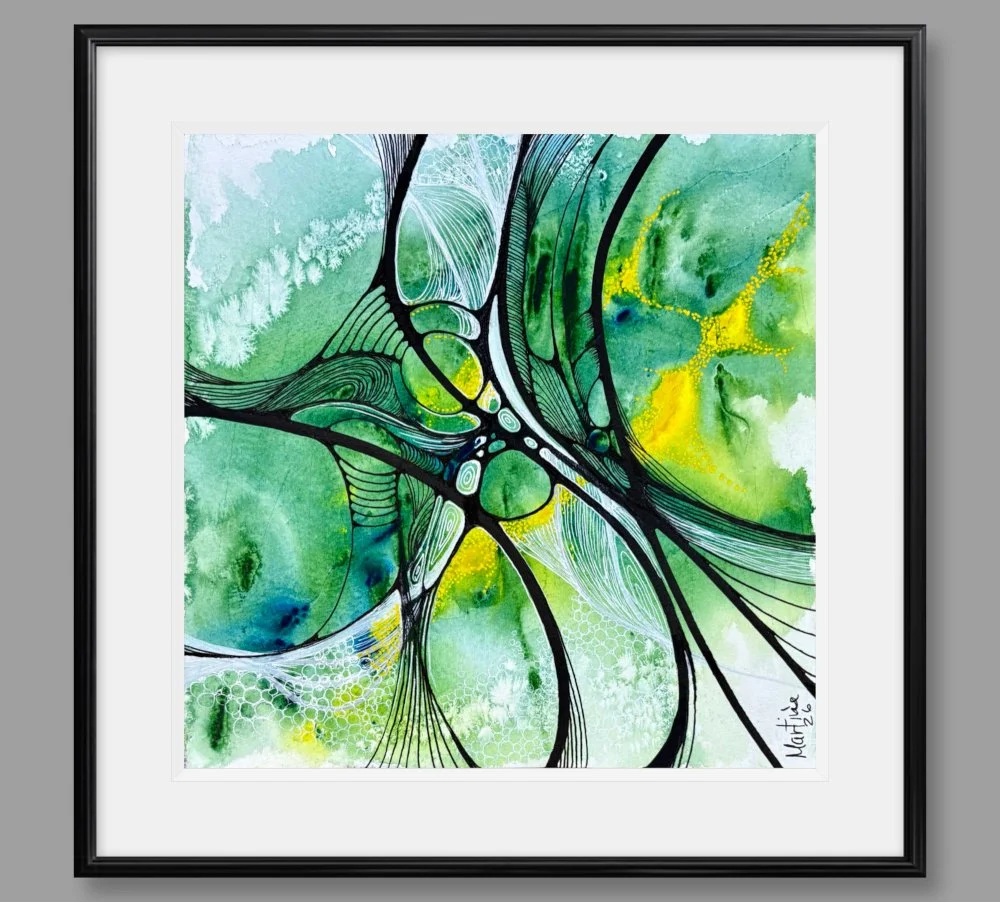 Exemple de cadre de l'aquarelle jaune et vert réalisée par Martine Giguère