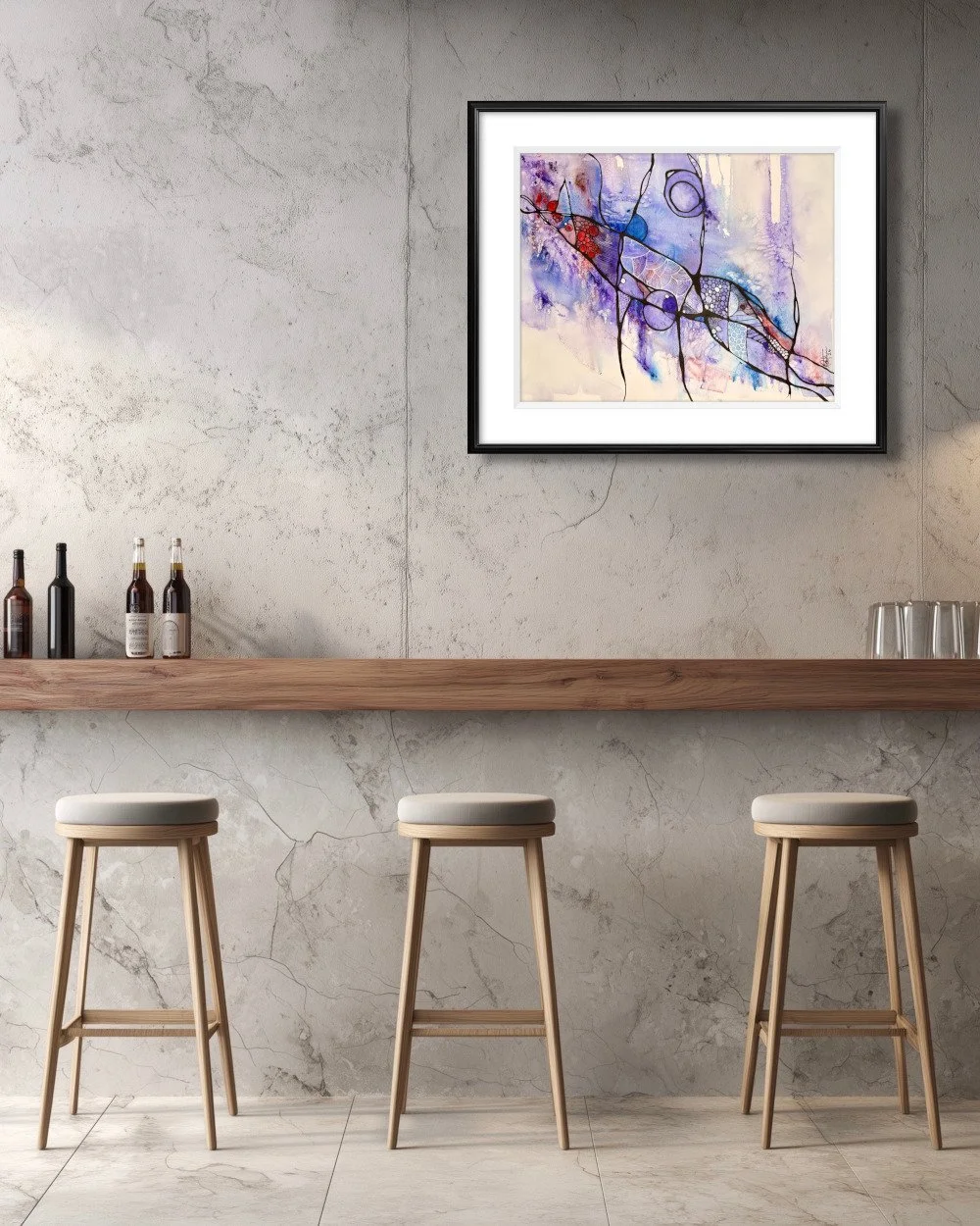 Exemple de décor de l'aquarelle aux couleurs bleues réalisée par Martine Giguère