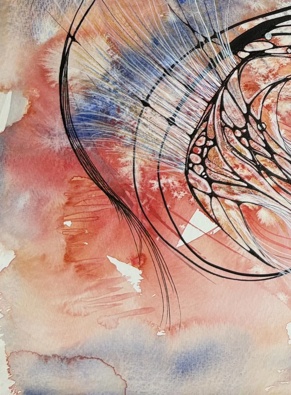 Détail de l'aquarelle rouge et bleu réalisée par Martine Giguère