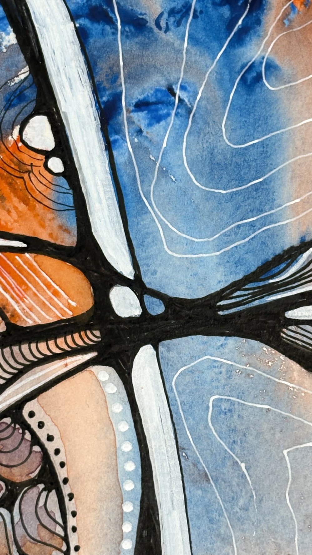 Détail de l'aquarelle aux tons de orange et bleu réalisée par Martine Giguère