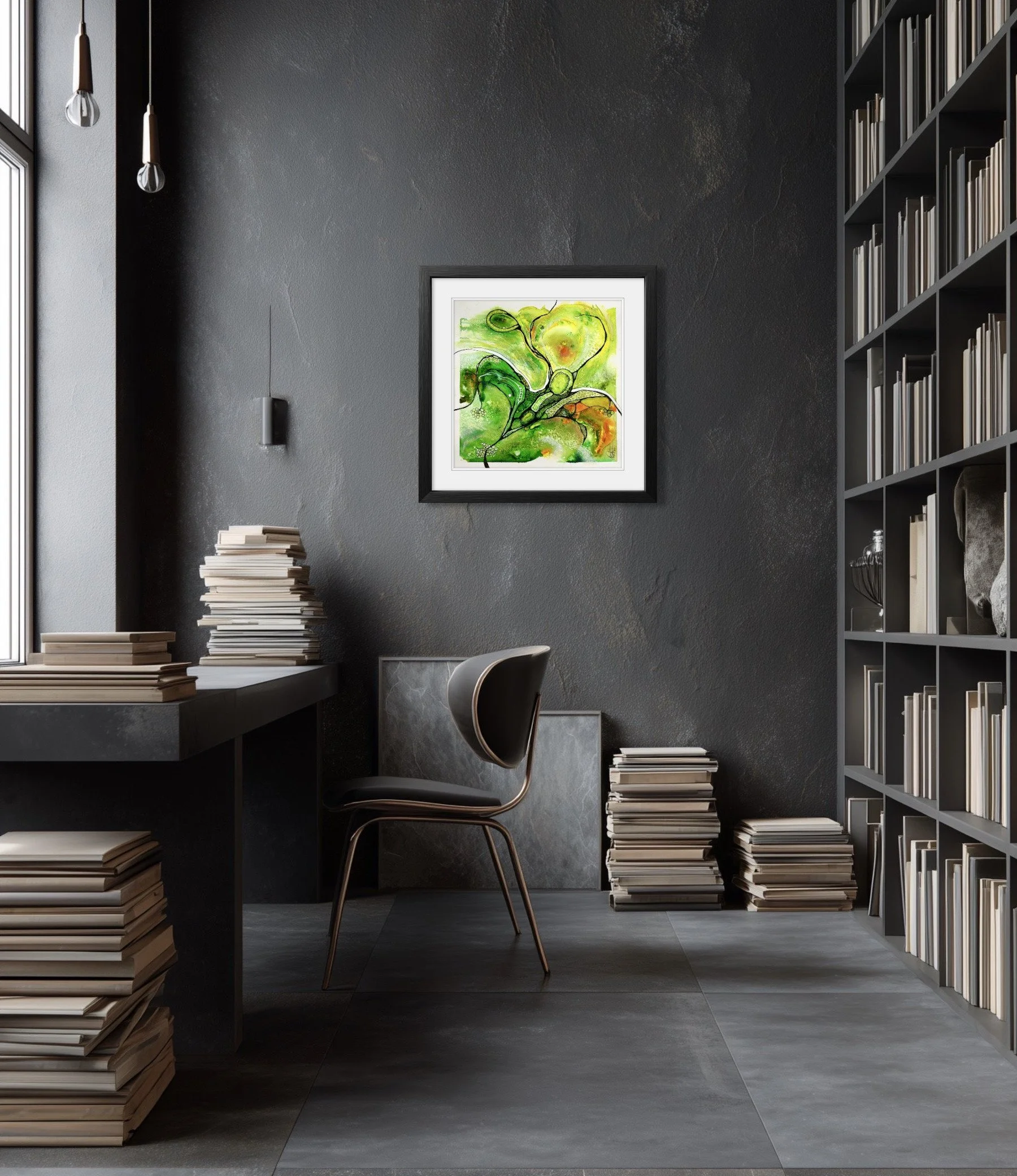 Aquarelle aux teintes jaune et vert réalisée par Martine Giguère