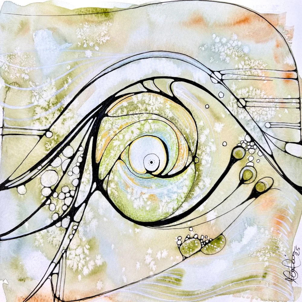 Dans l'oeil de la baleine - aquarelle et encre, 8x8, 75$