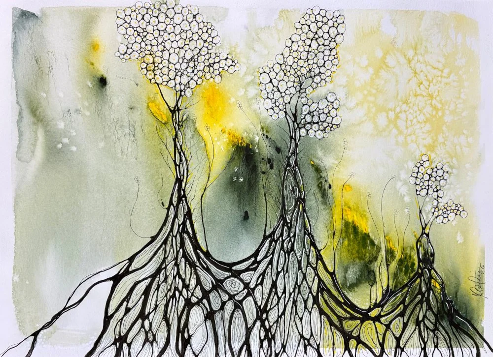 Aquarelle abstraite aux tons jaunes et verts - Martine Giguère