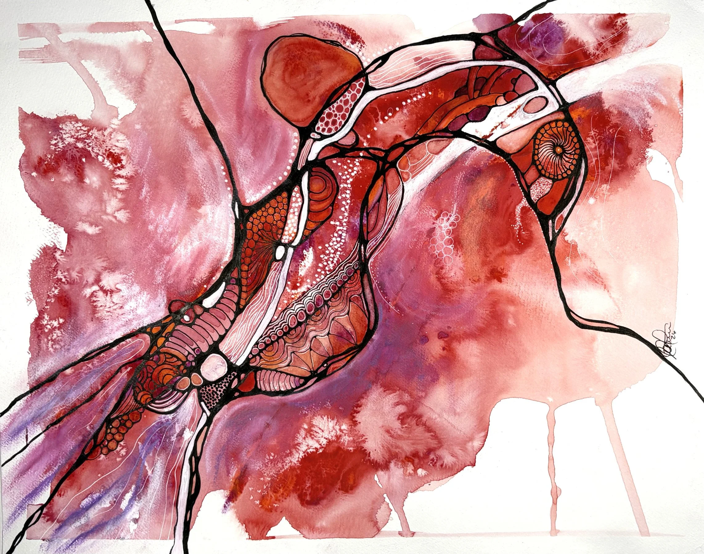 Aquarelle aux couleurs rouge et violet créé par Martine Giguère