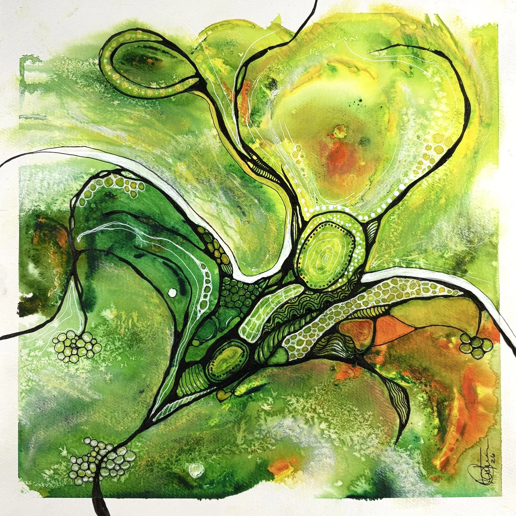 Aquarelle aux teintes jaune et vert réalisée par Martine Giguère