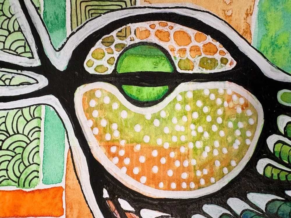 Détail de l'aquarelle aux teintes printanières réalisée par Martine Giguère